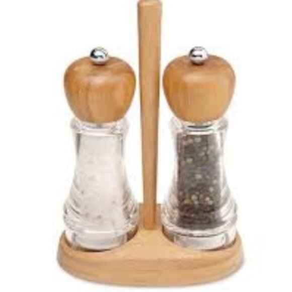 Pampered Chef Salt & Pepper Mill Grinder Set with Bamboo Stand - Retired - Picture 1 of 10